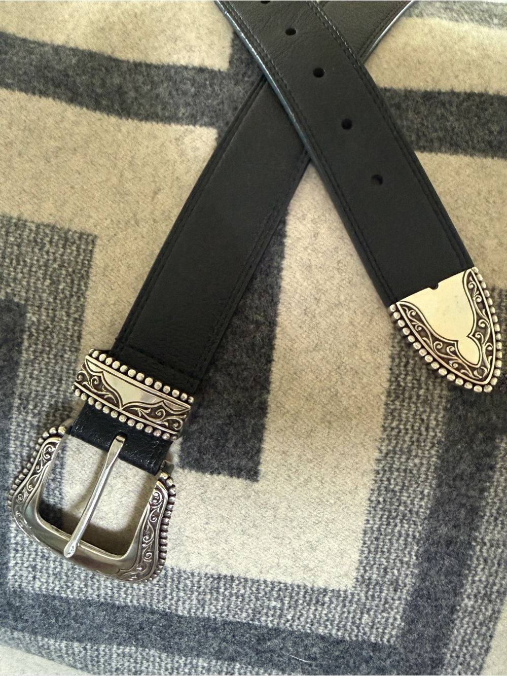Black Western Belt Ornate Silver Buckle & Tip M